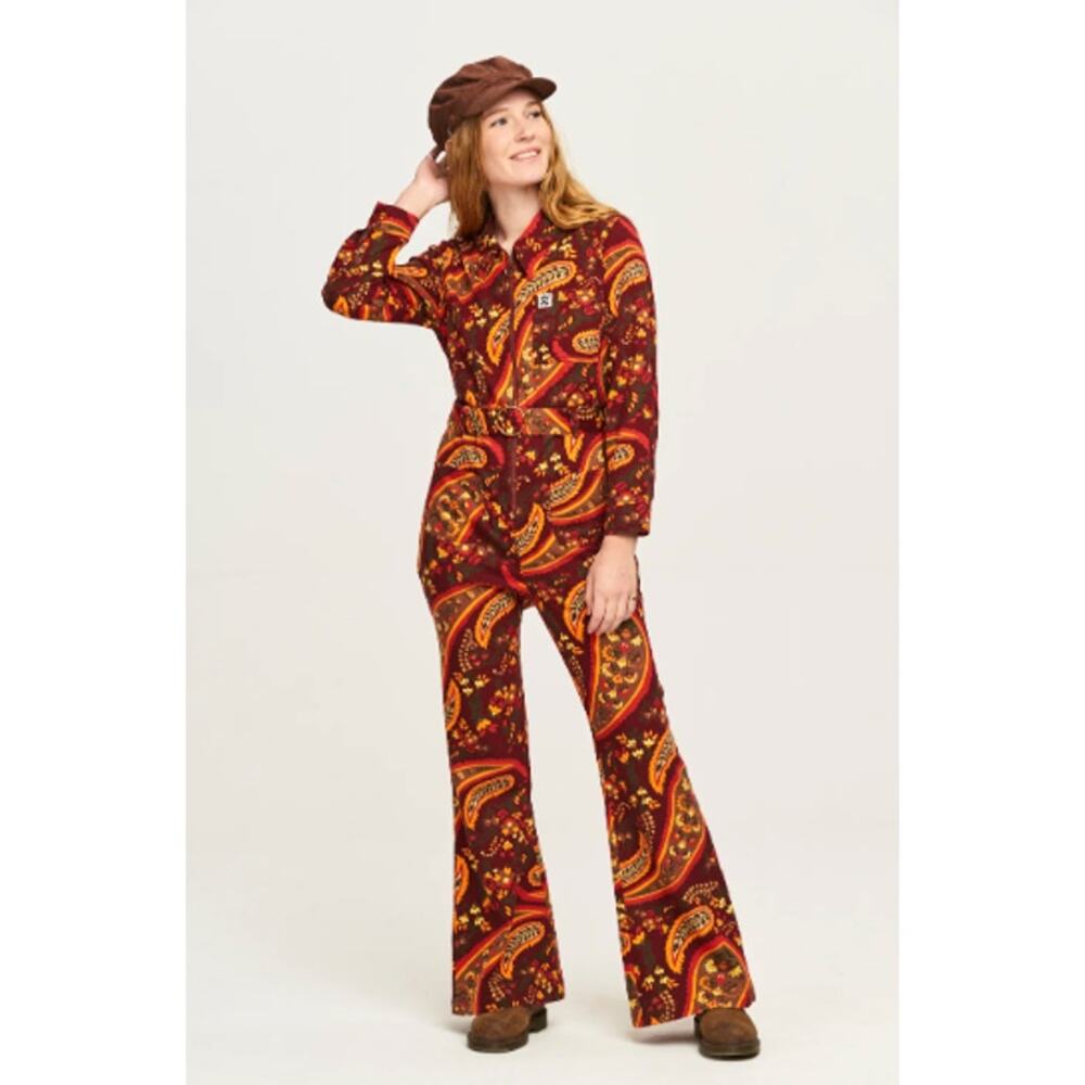 Lucy & Yak Jumpsuit Orange Paisley Long Sleeve Flare Leg 10